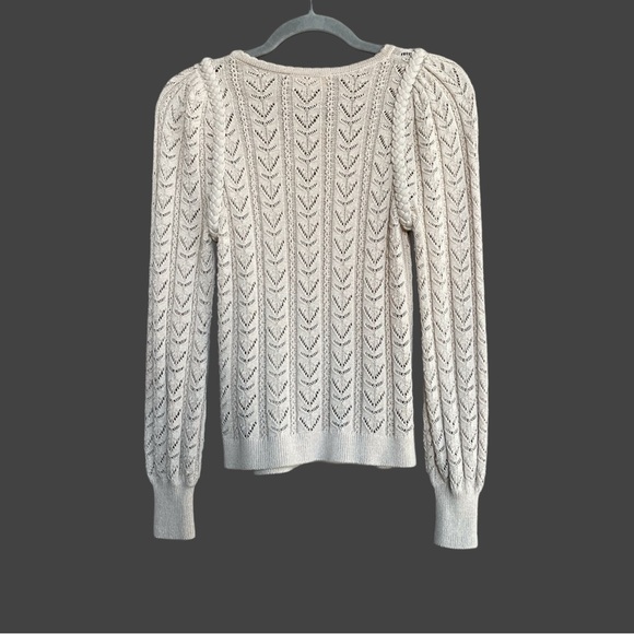 SEZANE Neutral Beige Crochet Cotton Knit Braided Balloon Sleeve Maxen Sweater - Picture 6 of 15